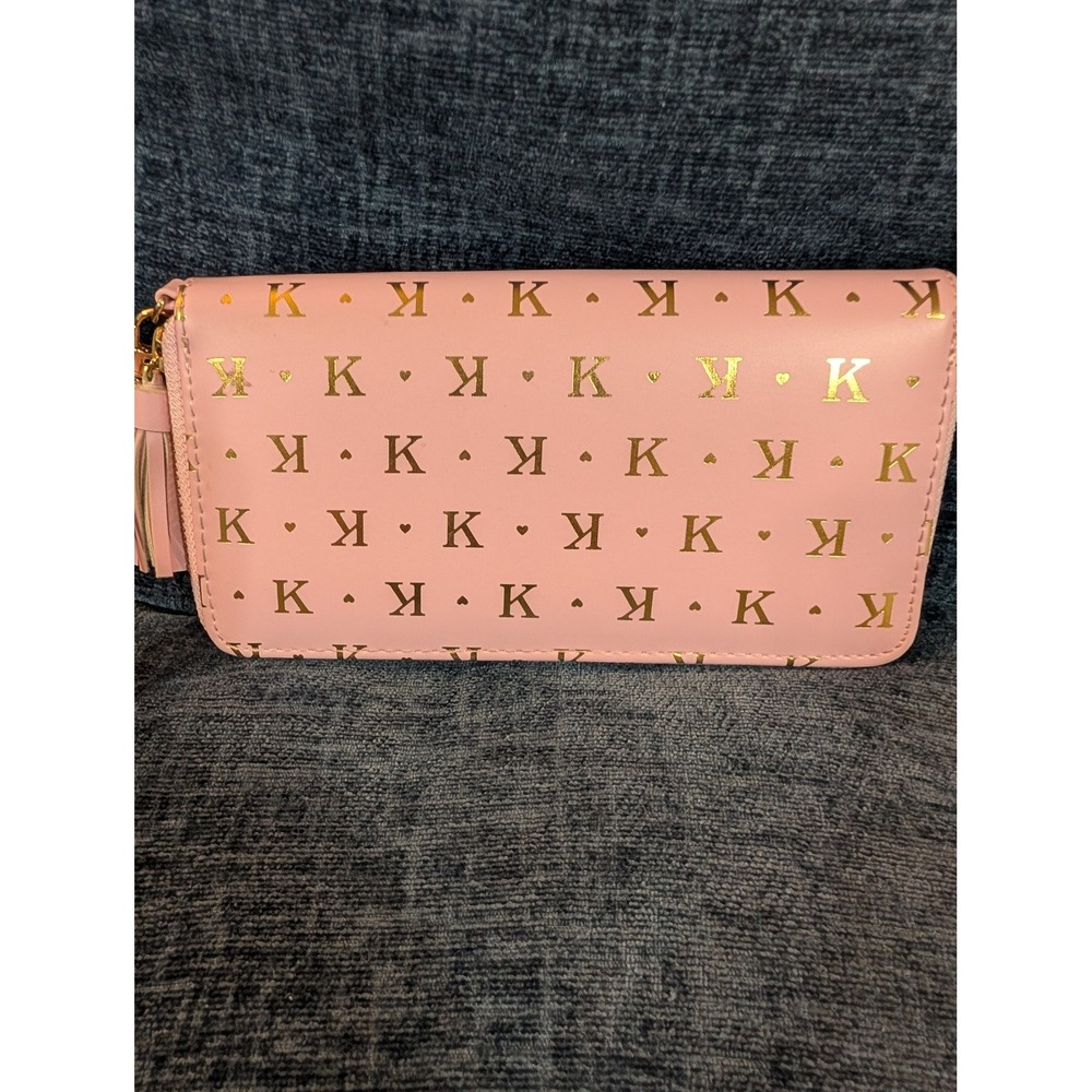 Claire's Pink‎ Gold Initial K Heart Wristlet Zip Around Wallet Charm Tassel